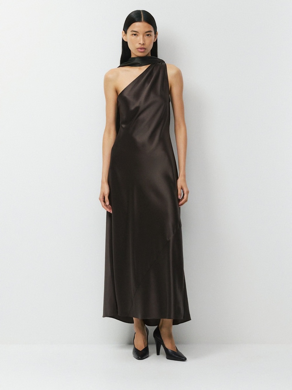 NWT Arotzia One-Shoulder Satin Dress in Dark Brown - Cocoa Nib